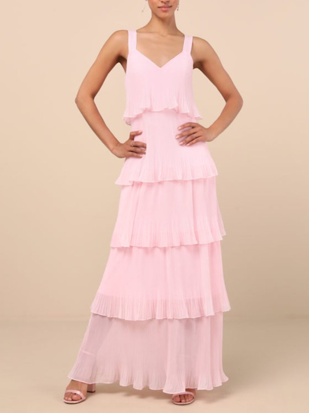 Lulus Elegant Nature Blush Pink Pleated Sleeveless Tiered Maxi Dress - Size S
